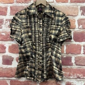 2b Bebe Shirt Women's Small Gold Black Plaid Abstract Satin Button Front Top